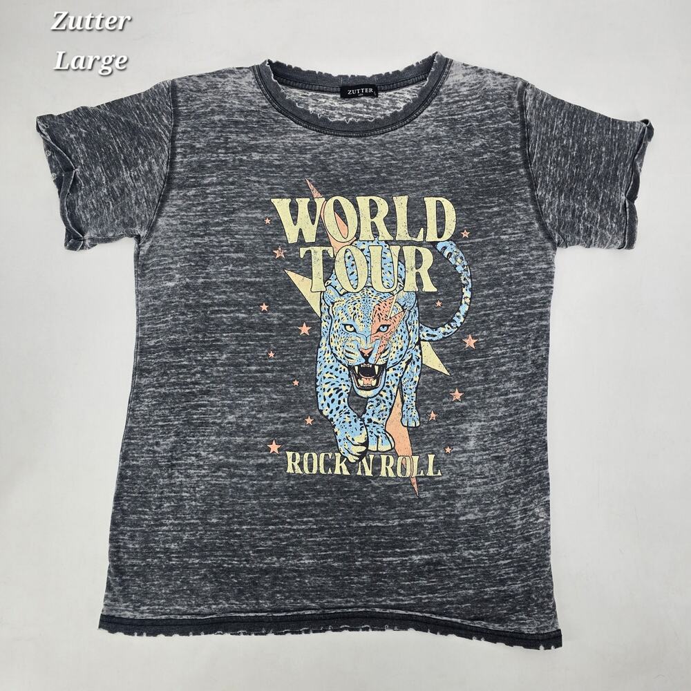 Zutter World Tour Rock ’n Roll Graphic Tee Burnout Charcoal Leopard Lightning L